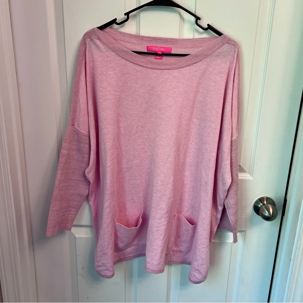 Lilly Pulitzer Coolmax Cobo Shimmer Tunic Sweater Pink Size L 3/4 Sleeve Preppy
